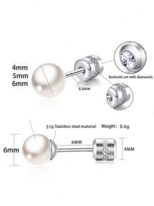 6 件百搭水钻不锈钢小珍珠锆石耳钉，适合女性日常佩戴（尺寸：4 毫米、5 毫米、6 毫米） - 銀色 - 查看 5