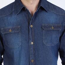 Long Sleeve Formal Jeans Shirt With Pockets - Men's Basic Long Sleeve Work Shirt In Dark Blue - 藍色 - 查看 9