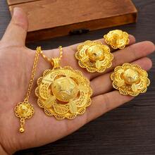 4pcs/Set Luxury Jewelry Set, Saudi Arabian Style, Golden Color, Flower Shaped Pendant, Ring, Earrings, Headchain, Star Pattern, Traditional African Bride Wedding Accessories Gift - A - View 3