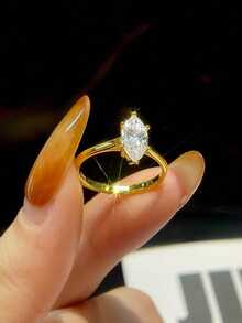 1 pieza 1 quilate Anillo de compromiso de mujer con diseño de seis garras con forma de ojo de caballo, color D, diamante Moissanite, plata de ley 925, anillo simple y romántico, anillo de eternidad, anillo de aniversario de boda, joyería de lujo, regalo de aniversario de boda para mujer - Dorado - Ver 5