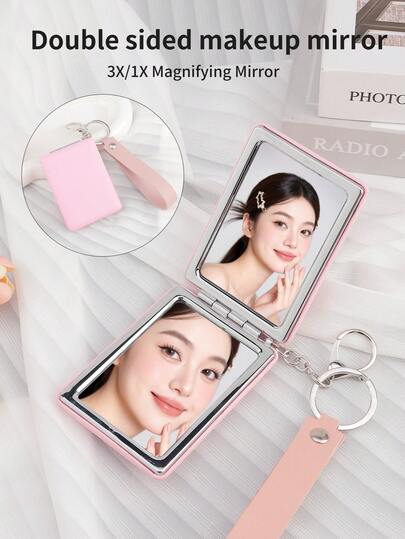 1 Square Travel Pendant Cosmetic Mirror 1X&3X Magnification, Compact Double-Sided Mirror Wallet Mirror Pocket, Key Chain Pendant Portable Magnifying Folding Mirror Suitable For Female DIY Craft Gifts.