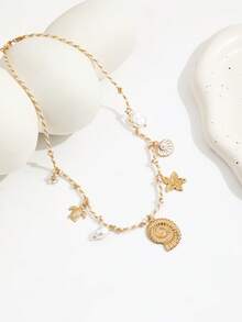 1 chiếc vòng cổ bện phong cách Bohemian, hoa đại dương trắng, rùa, ngọc trai giả, vỏ sò, sao biển, giọt dầu, mặt dây chuyền hình vỏ sò quạt - Vàng - Xem 2