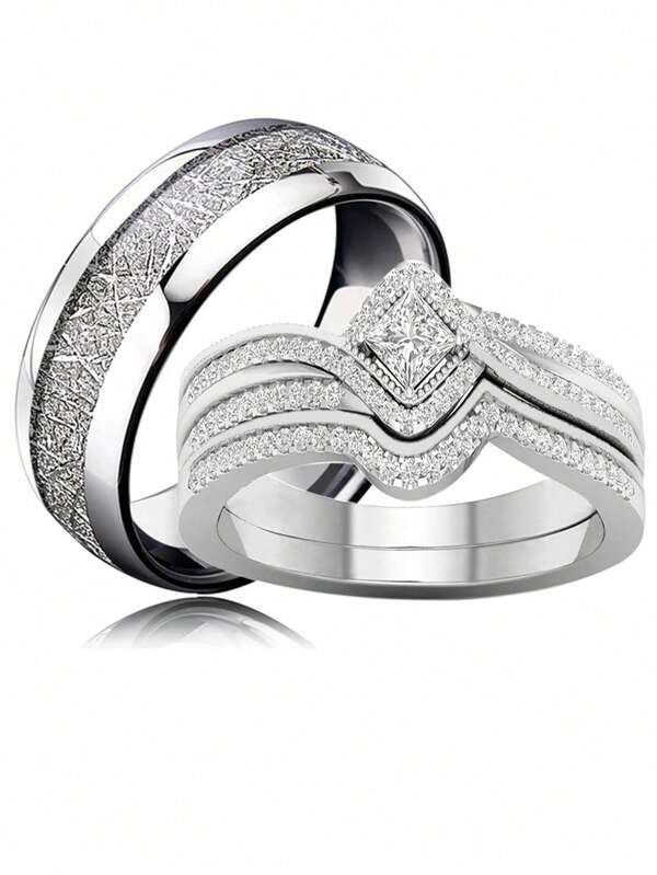 1 pièce Bague de couple de couleur argent à la mode pour la bague de mariage de fiançailles de bijoux d'accessoires vintage en rhinestones pour les femmes, ensemble de bagues pour femmes en acier inoxydable pour les hommes