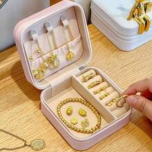 Mini And Portable! Solid Color PU Leather Jewelry Box, Very Convenient For Travel Storage Of Necklaces, Rings And Earrings, Dust-Proof Design To Protect Exquisite Accessories - 淺粉色 - 查看 7