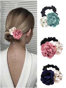3个玫瑰花和仿珍珠发圈，韩版时尚弹力发绳，波西米亚风优雅发饰，适合女性，可用于派对、晚宴、拍照等场合，也可作马尾辫发圈或发绳头饰。
