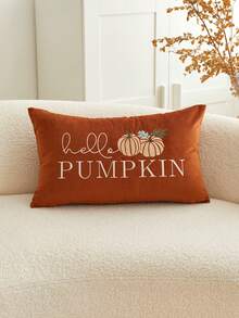 1 pièce Taie d'oreiller brodée avec lettrage "Hello Pumpkin" pour la Thanksgiving, 50 x 30 cm, convient pour la décoration intérieure, taie d'oreiller décorative pour le festival des récoltes, insert de coussin non inclus - Tabac - Voir 2