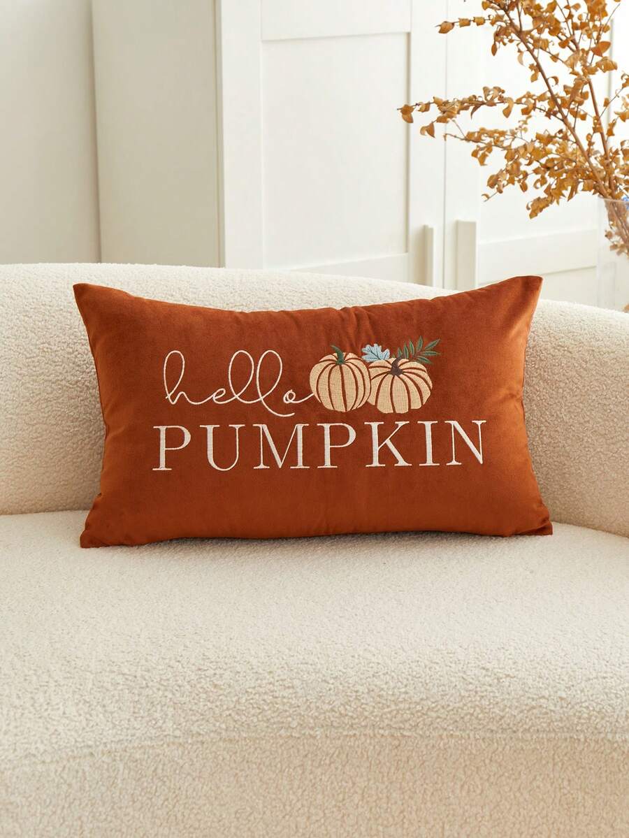1 pièce Taie d'oreiller brodée avec lettrage "Hello Pumpkin" pour la Thanksgiving, 50 x 30 cm, convient pour la décoration intérieure, taie d'oreiller décorative pour le festival des récoltes, insert de coussin non inclus