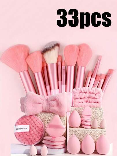 A Set Of 33 Makeup Brushes (With A Drawstring Storage Bag), Including Makeup Powder Puff, Makeup Sponge, Rouge Brush, Foundation Brush, Eyeshadow Brush, Contour Brush, Eye Brush, Soft Hair Brush, Rouge Brush, Professional Makeup Brush Set, Women's Makeup Brush Set, And Face Wash Makeup Brush Set,Brush Set,Makeup Brush Kit,Make Up Brush Set,Make Up Set Complete,Makeup Brush Set,Complete Makeup Kit,Brush Kit,Brushes Makeup Set,Makeup Gift Set