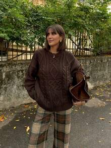 Senya 女士纯色圆领扭结针织宽松毛衣，简约复古针织上衣，适合毕业季和返校季，秋冬季 - 咖啡棕 - 查看 5