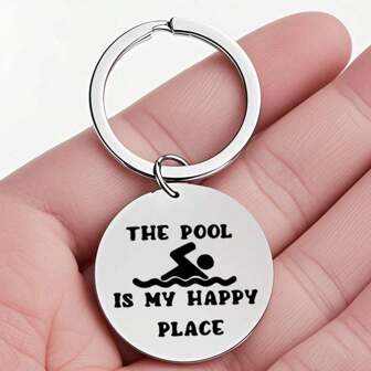 1 pièce Porte-clés en acier inoxydable "La piscine est mon endroit heureux", accessoire d'été pour amateurs de natation, accessoire de voiture, gothique mignon Y2K