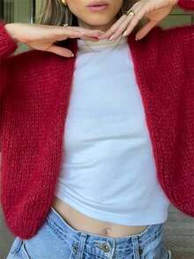 Women's Fuzzy Knit Sweater Long Lantern Sleeve Open Front Solid Color Cardigan Fall Coat - 紅色 - 查看 5