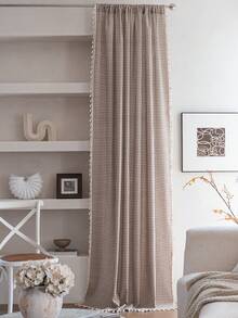 Bubaba 1pc Checkered Print Curtain, Simple & Fresh Cute Style Beige Tassel Blackout Curtain, Suitable For Children's Room, Dining Room, Hotel Bedroom, Holiday, Party, Bohemian