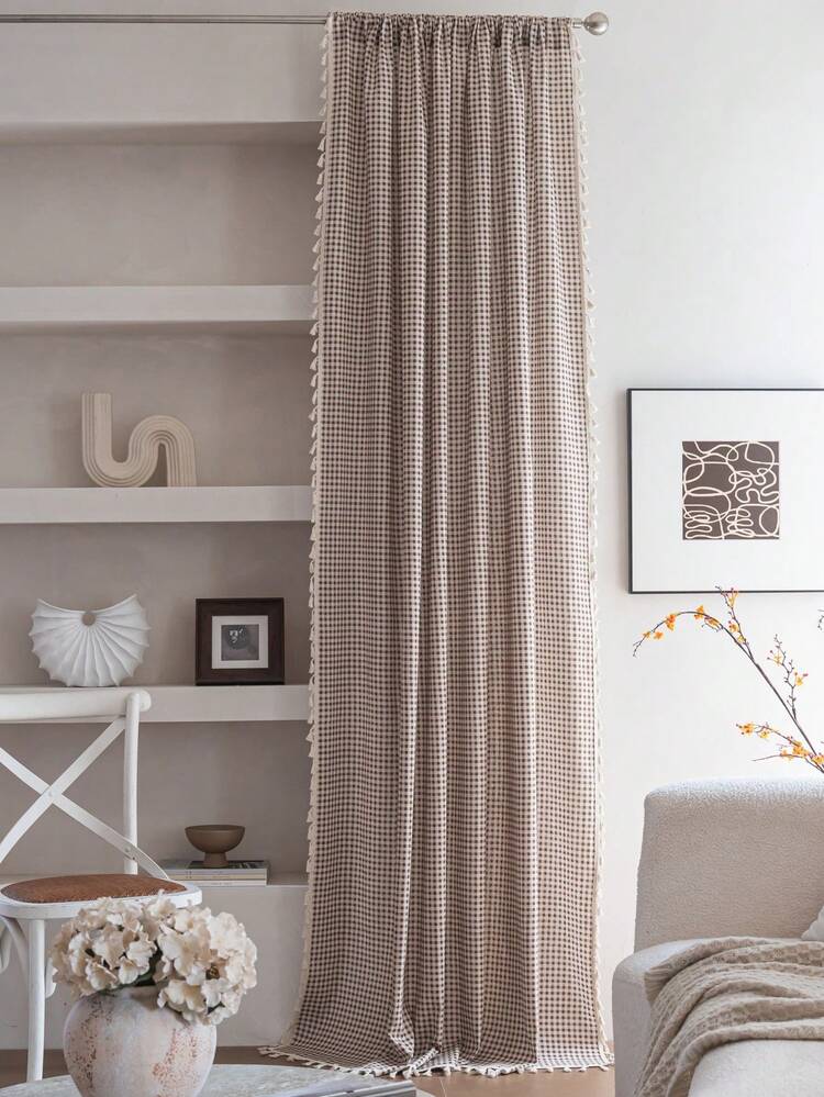 Bubaba 1 件格纹印花窗帘，简约清新可爱风格米色流苏遮光窗帘，适用于儿童房、餐厅、酒店卧室、节日、派对、波西米亚风格 - 咖色 - 查看 2