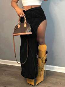Women's Tight And Sexy Denim Skirt With Asymmetrical Slit And Pockets, Elastic Wrap Around The Hips, Tight And Fashionable Versatile Women's Denim Skirt - 黑色 - 查看 4
