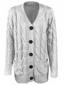 Women Long Sleeve Knit Cardigans Button Closure Solid Fall Casual Sweater Jacket With Pockets - Light Grey - View 4