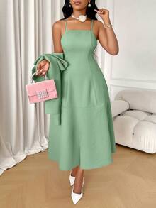 AIJ Amarilo 女士优雅法式时尚纹理短外套和 A 字吊带裙套装两件套 - 淺綠色 - 查看 7