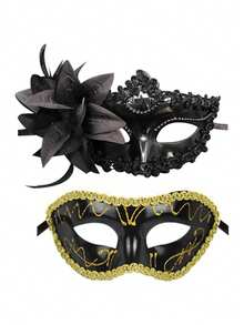 2pcs/Set Party Masquerade Masks, Men & Women Lace Masks, Holiday Supplies, Costume Props, Eye Decoration, Halloween - A - View 2
