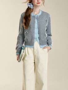 Women's Autumn/Winter Gentle Floral Embroidery Round Neck Sweater Cardigan, 2 In 1 Design - Grey - View 6