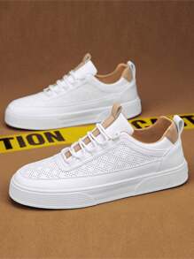 男士休闲帆布运动鞋，简约纯色系带低帮硫化鞋，透气穿孔皮革，适合校园、学生、青少年、春夏季、所有季节，防滑厚底滑板鞋