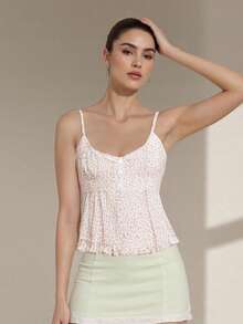 Womenacute;s Summer Casual Camisole Solid/Plaid Sleeveless Deep V Neck Ruffle Hem Sling Vest - Estampado floral rosa - Ver 6