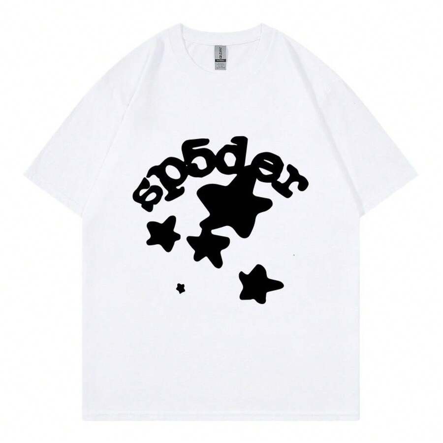 SP5DER 2025 Summer New Simple T-Shirt, 100 Percent Cotton Loose Comfortable Tees, Graphic T Shirts With  SP5DER Letters And Stars, Simple Fashion - 白色 - 查看 1