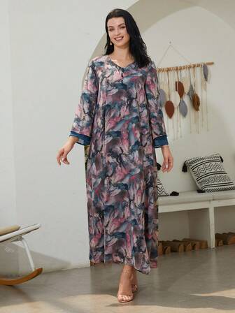 Women's Chiffon Floral Print V-Neck Long Sleeve Elegant Kaftan Dress