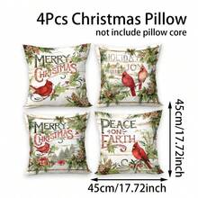 4pcs/280pcs Christmas Theme Pillow Covers, Green Leaf & Red Bird Pattern, Suitable For Christmas Living Room Bedroom Sofa Decor, 45x45cm Pillow Covers, Christmas Party Decoration, Christmas Party Restaurant Decor, Party Atmosphere Decoration, Without Pillow Insert, Suitable For Daily, Holiday, Party - Green Leaves Cardinal - View 10