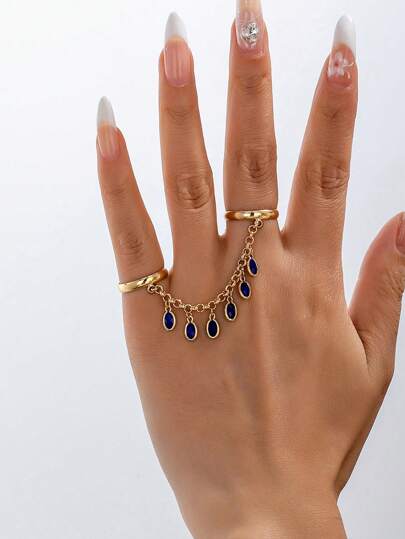 1pc Fashion Copper Inlaid Square Cubic Zirconia Knuckle Ring, Sparkling Tassel Chain Jewelry For Women, Elegant For Daily, Wedding, Party, Wedding Season Gift