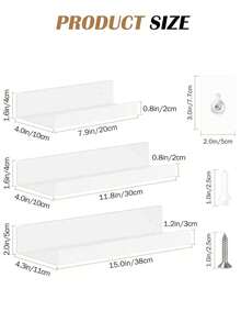 4 件套白色悬浮式壁挂搁板，无需钻孔，2 种尺寸壁挂搁板，用于粘贴浴室的亚克力搁板，无需钻孔的搁板，适用于厨房、浴室、办公室和客厅 - 白色 - 查看 7