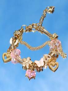 1 chiếc vòng tay trái tim cổ điển, vòng tay trái tim màu hồng, vòng tay trái tim hoa bướm, vòng tay quà tặng trái tim - Vàng - Xem 2