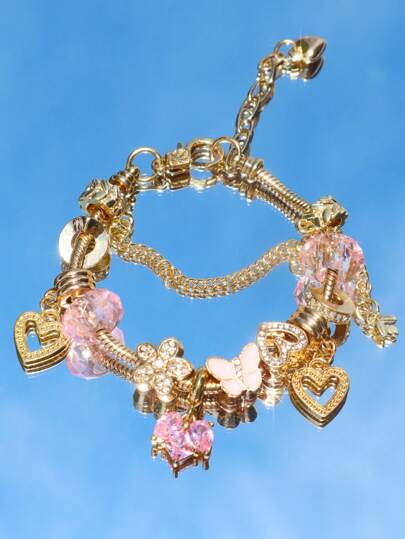 1pc Classic Heart Charm Bracelet, Pink Heart Bracelet, Heart Flower Butterfly Charm Bracelet, Heart Gift Bracelet