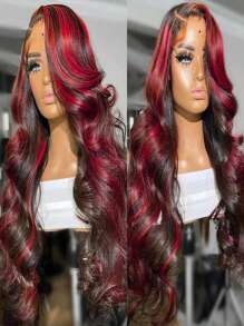 Parrucca frontale in pizzo trasparente HD con onde del corpo, evidenziata in bordeaux, parrucca in pizzo rosso ombré 99j, capelli brasiliani Remy pre-sfoltiti, lunghezza 34 pollici, per donne