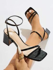 女士高跟凉鞋，适合派对、户外旅行、时尚、宴会、粗跟、方头、派对、度假、奢华、性感 PU 皮革、绑带、石纹、舒适材质、性感交叉绑带、优雅、优美、迷人、黑色、优雅高跟凉鞋