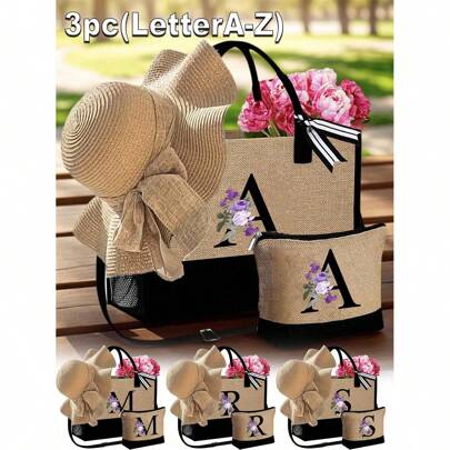 1 set, un set di borse con iniziali floreali viola da A a Z, una tracolla e un cappello con una borsa per il trucco con cerniera, una borsa regalo per