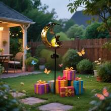 1pc Solar Powered Iron Art Moon, Cat Paw, Butterfly Garden Stake Light, Warm Light LED, Waterproof, Suitable For Yard, Lawn, Park - Cat Catching Butterfly - View 3