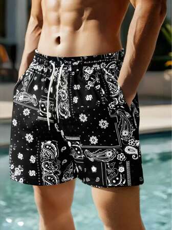 Herr sommarfärgblock sport snabbdryga shorts med dragsko i midjan, avslappnade fritidsstrandshorts med paisleyblommönster, hawaiianskt