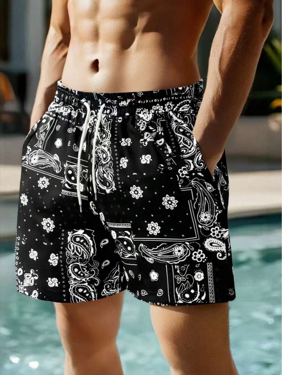 男士夏季拼色运动速干短裤，腰部抽绳，休闲沙滩短裤，佩斯利花卉印花，夏威夷 - 黑色 - 查看 1