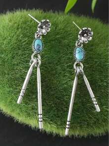 一对简约几何绿松石镶嵌长流苏耳环