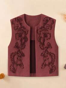Cowgirl Vest Western Outfit For Women Embroidery Faux Suede Vest Cropped Cardigan Boho Top - Brown - View 3