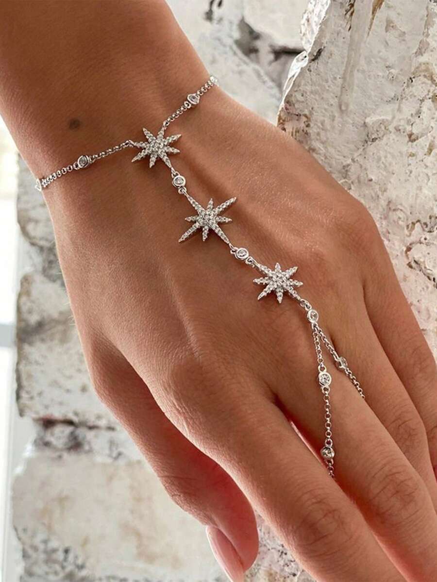 1pc New Nordic Style Star Linked Finger Bracelet, Personalized Versatile Rhinestone Bracelet Jewelry For Women - Silver - View 1