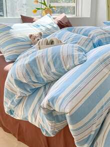 2/3件套浅蓝色条纹学生风超柔软纯色哑光被套枕套套装，床上用品，柔软亲肤被套，不含被芯，适用于双人床、大号床、特大号床，四季皆宜，涤纶材质，家居装饰礼品，可机洗，清新简约学生风被套，适用于双人床、大号床、特大号床、加州特大号床 - 藍白色 - 查看 8