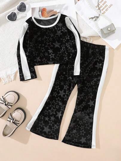 2pcs/Set Girls Velvet Long Sleeve Top And Flared Pants Set, Soft And Skin-Friendly, Star Print Craft, Casual Style, Suitable For 4-7 Years Old, Daily Wear