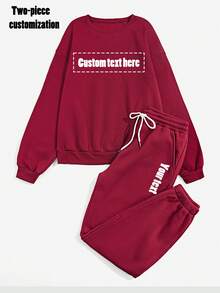Autumn And Winter, Two-Pieces Custom Women's Sweatshirts And Jogging Drawstring Sweatpants Custom-Add Your Text, Choose Your Favorite Color And Font, Design Your Own Personalized Printed Long Sleeves, Long Pants Suits Custom, Anniversary Gifts, Valentine's Day, Custom Gifts - Burgundy - View 4