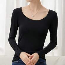 DG XUNLIN MODA New 2025 Women's Comfortable Long-Sleeved T-Shirt With A Wide Collar, Black And Purple, And A Rose Red Collar In One Word. - 黑色 - 查看 2