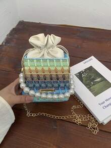 Fashionable New Mini Colorful Striped Shoulder Bag, Casual Woven Pearl Hardware Decoration Handbag, Exquisite And Versatile Drawstring Women's Crossbody Bag, Suitable For Shopping, Wallets, Shopping, Young Women, College Students, Newcomers, And White-Collar Workers. They Are Very Suitable For Offices, Universities, Work, Business, Commuting, Outdoor Activities, Travel, And Outings - Multicolor - View 3