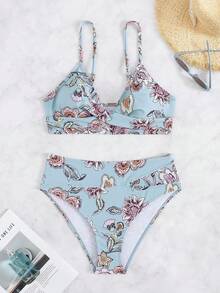 【高腰比基尼套装】女士高腰比基尼套装，两件式泳衣，交叉绑带设计，拼接涤纶针织面料，高弹力沙滩装，夏季 - 彩色 - 查看 4