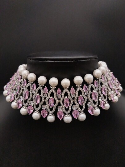 1pc Vintage Classic Zirconia Necklace Faux Pearl Choker, Bridal Wedding Dress Formal Party Engagement Luxury Jewelry Floral Decor For Women