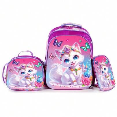 Kit Escolar Infantil Bolsa Lancheira Estojo Estampas 3D Para Meninas com Luzes