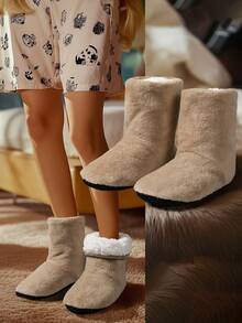 2025 Nuevas botas cortas de media pantorrilla con forro térmico para el invierno, cómodas y cálidas zapatillas de casa de felpa coral con suela blanda antideslizante de color camello, de talla grande para hombres con cierre deslizante