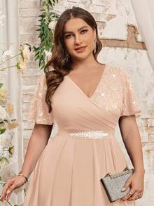 Vestido con mangas de mariposa, cuello en V, encaje floral, parche de gasa, cinturón de strass, talla grande, adecuado para invitados de boda, verano, cumpleaños, graduación, regreso a la escuela y otras ocasiones elegantes - Champán - Ver 8